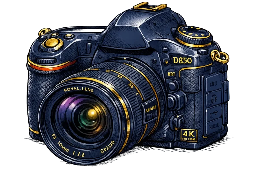 Professional camera in navy and gold